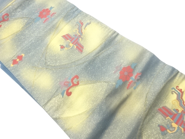 リサイクル　抽象鳳凰に草花模様織出し名古屋帯